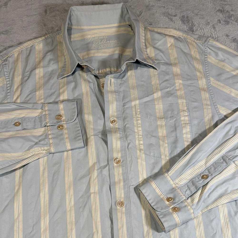 Y2K Vintage Tommy Bahama Denim Striped Shirt | Blue & Cream | XL